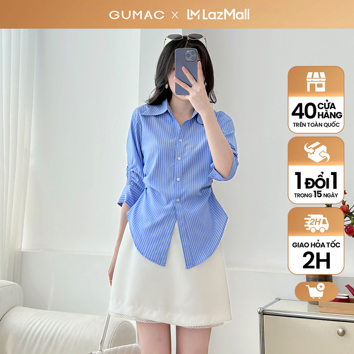 Áo sơ mi nữ tay lửng có nhún chiết ly eo xanh sọc vải kate đứng form thời trang GUMAC AF01024