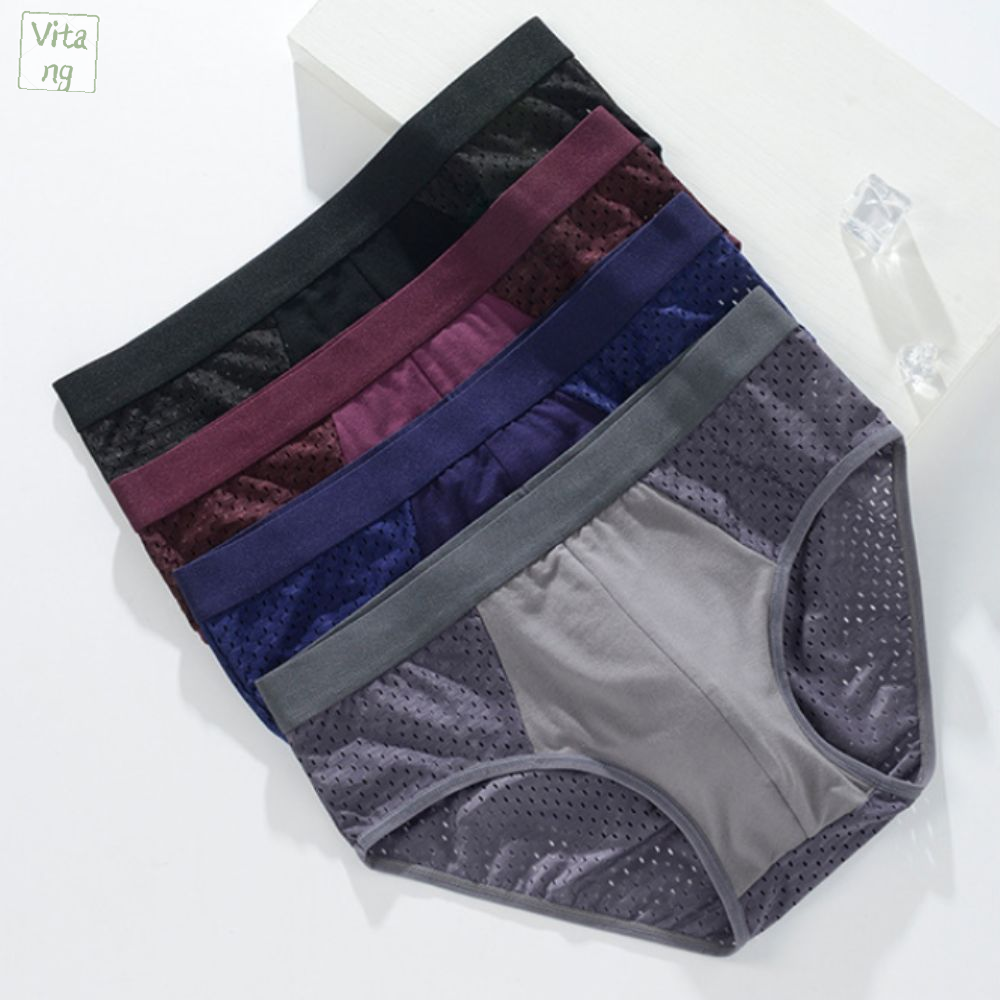 VITANG 4PCS Eo thấp Quần lót lưới nam Quá khổ Quần lót Quần lót mỏng cho nam Thoải mái Đồ lót nam Đồ lót tam giác bằng lụa lạnh Bốn Mùa