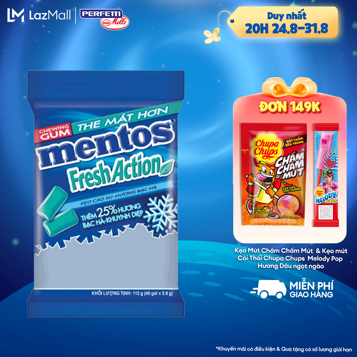 Sing gum Mentos Fresh Action hương bạc hà mạnh