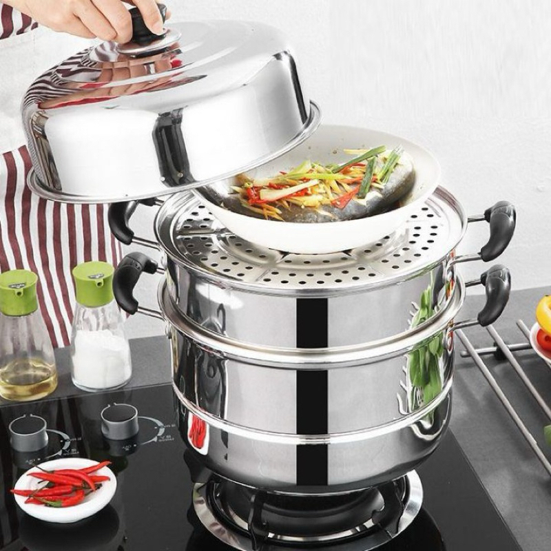 Nồi xửng hấp 3 tầng tiện lợi,Nồi Hấp Inox Đa Năng 3 Tầng Cao Cấp kèm 2 vỉ hấp
