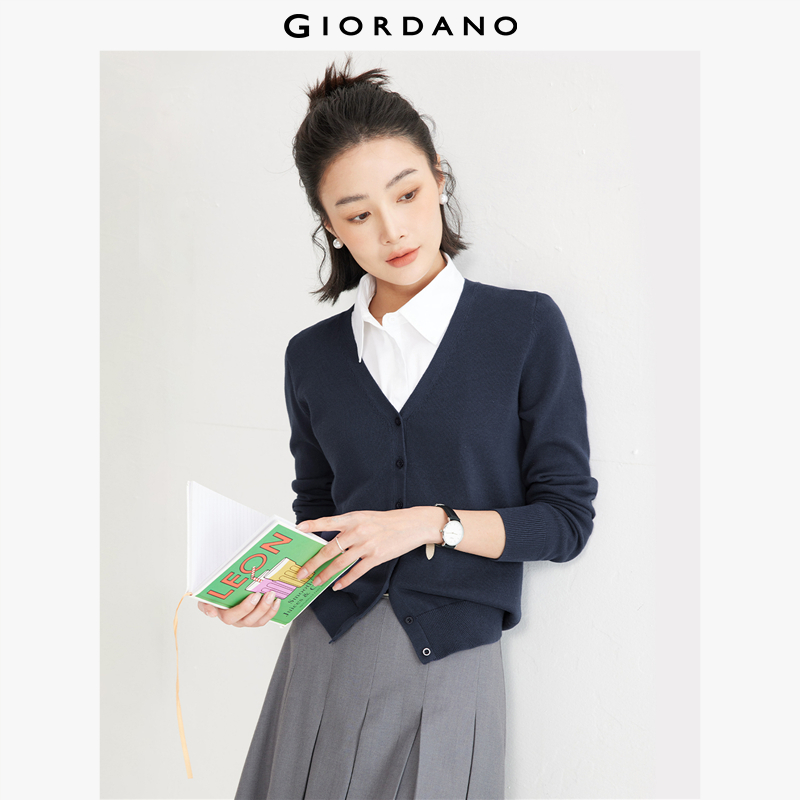  Áo len Dệt kim Nữ GIORDANO Women Thiết kế tay dài Cổ chữ V bán hở ngực 100% vải cotton Chỉnh tề Mềm mịn Free Shipping 05350649 
