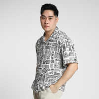 EL FELIPE Lucas Men Oversized Ultra Boxy Cropped Stretch Button-Down Polo in Geometric Tribal Pattern