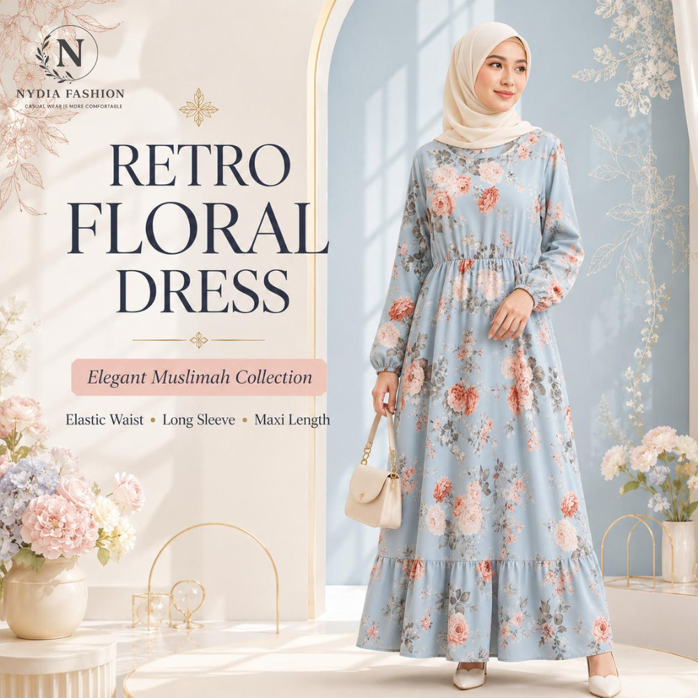 【NYDIA FASHION】DRESS RETRO Bercorak Bunga Leher Bulat Pinggang Bergetah Muslimah Set
