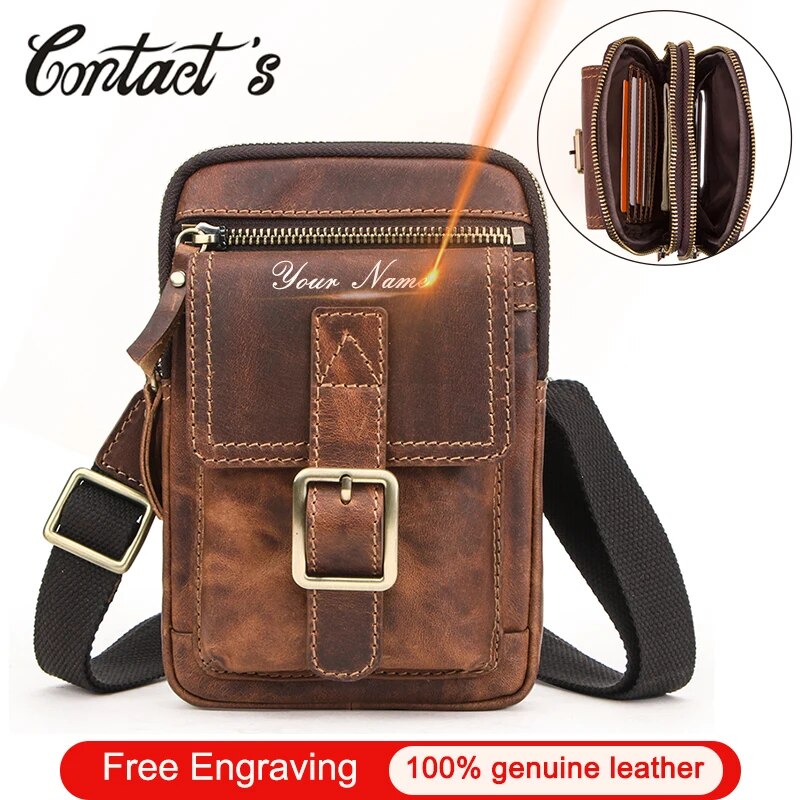 ZZOOI Contact's Vintage Men Shoulder Bag Engraving Genuine Leather Flap Small Crossbody Bags For Men Phone Pocket Fanny Pack Waist Bag ราคา 1,394 บาท*ส่งฟรี