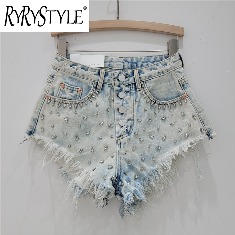 Large grain diamond studded tassel edge three part denim shorts for women