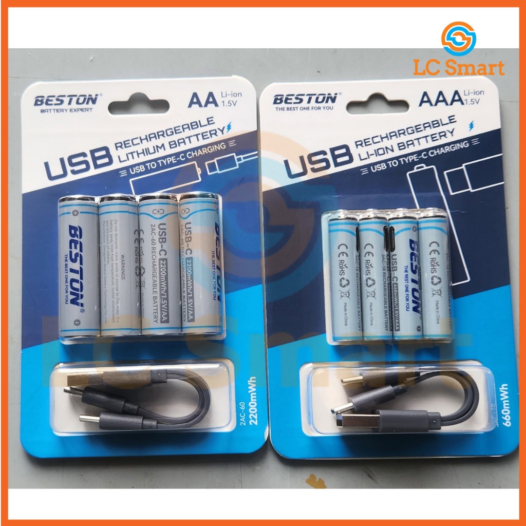 Pin sạc AA/ AAA 1.5V BESTON dung lượng 2200mAh/ 600mAh, sạc trực tiếp từ cổng USB – Type C, Vĩ 4 viên