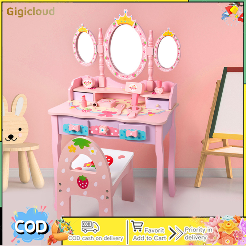 Kids Vanity Set With Mirror Wooden Pretend Play Makeup Table And Chair Set With Makeup Accessories Hair Dryer For Girls Gifts ราคา 10,481 บาท*ส่งฟรี