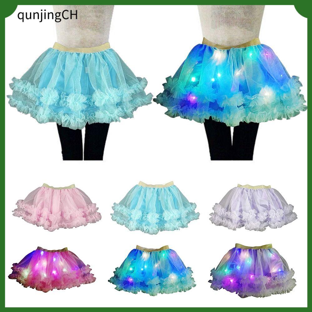 QUNJINGCH Đèn LED Váy nhảy Giáng sinh Thắp sáng Váy công chúa ballet Thời trang Đồ dùng tiệc tùng Tutu phát sáng Trẻ em