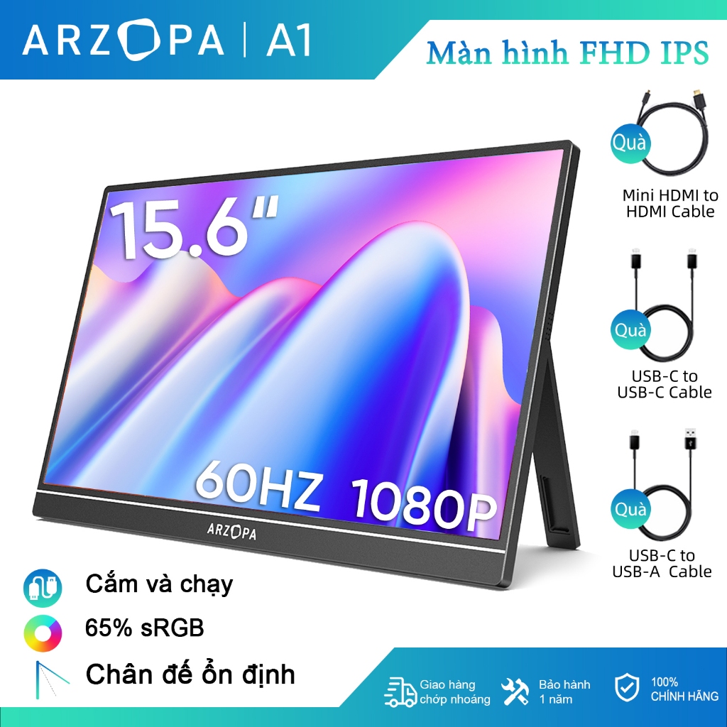 Màn hình di động ARZOPA A1- 15,6'' FHD 1080P - Màn hình máy tính xách tay siêu mỏng di động có chân