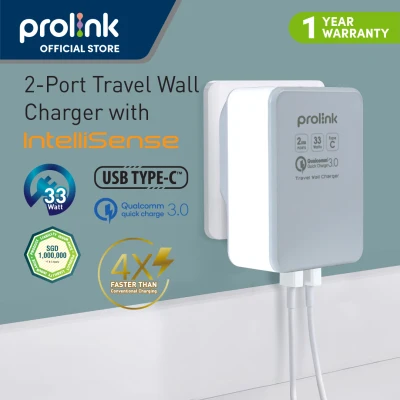 Prolink PTC23301 33W 2-Port Travel Wall Charger with IntelliSense/ Type C / QC3.0/ LED