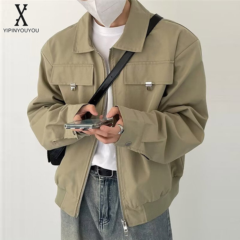 YIPINYOUYOU丨Men's jackets- Youth popular outer wear trendy long sleeve jacket ins style solid color cuffed sleeves stand collar top Trendy zippered loose jacket for men