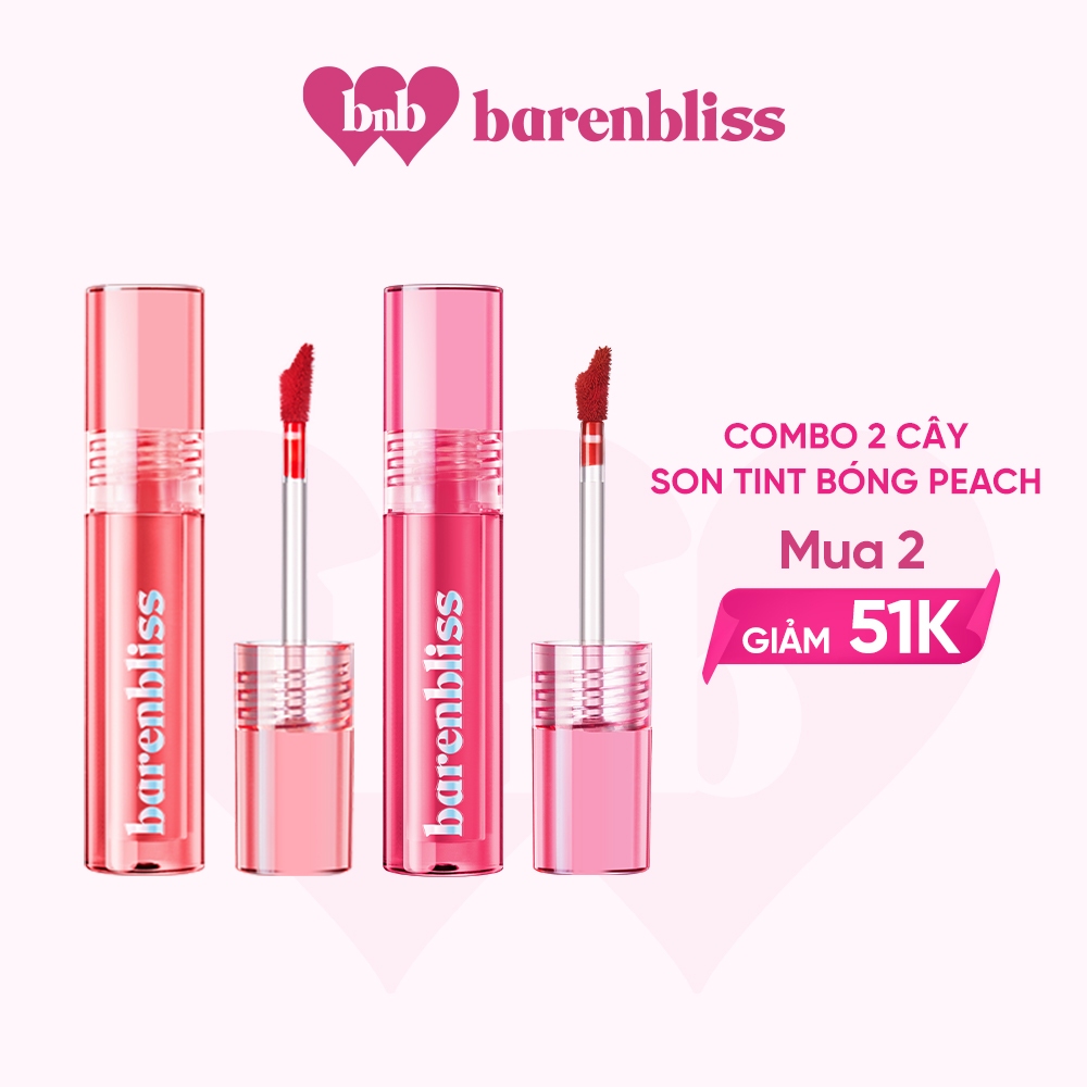 Set 2pcs Son Tint Bóng Peach barenbliss Hàn Quốc Chuẩn Màu Không Dính Dạng Lỏng Căng Mọng Đôi Môi Lâu Trôi