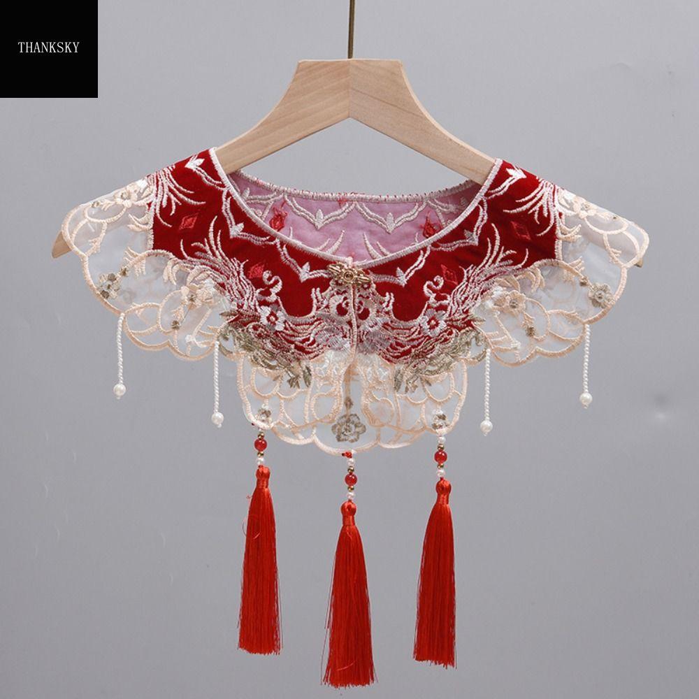  THANKSKY Phong cách Trung Quốc Cổ áo Hán phục Có thể tháo rời Thêu Cổ áo đeo vai Hanfu Hoài cổ Ngọc Trai Khăn choàng sườn xám Dành cho nữ Nữ 