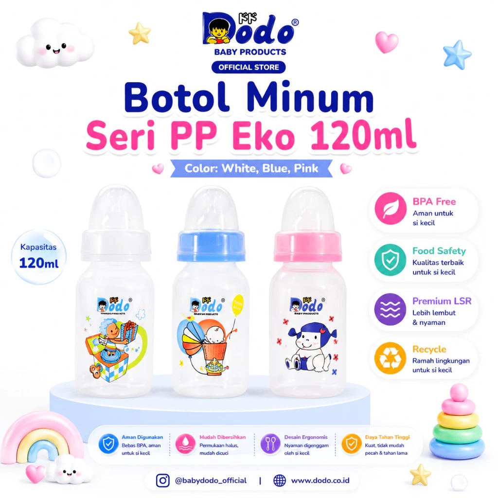 Dodo Botol Minum Susu Anak Seri PP Eko 120ml | Anti Kolik | BPA Free | Dot Bulat