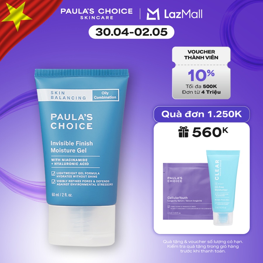 Kem dưỡng ẩm ban đêm dạng gel Kiểm soát tiết dầu cho da thoáng mịn Paula’s Choice Skin Balancing Invisible Finish Moisture Gel 60ml 3400