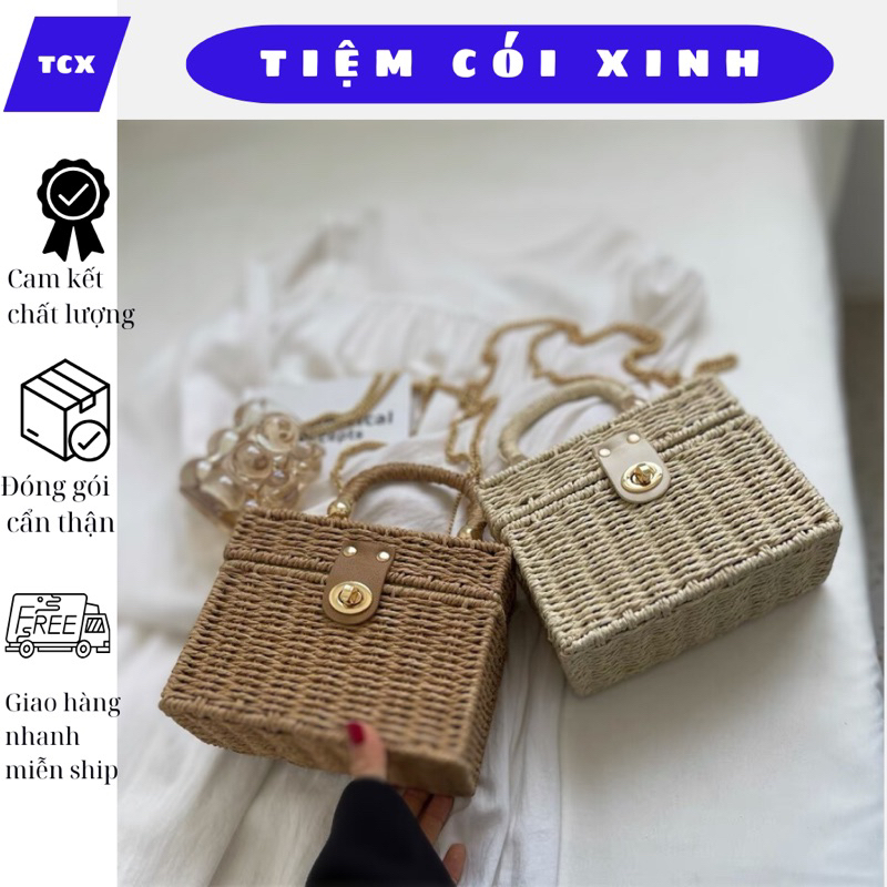 Túi hộp cói nhỏ dễ thương dây xích đeo chéo tháo rời