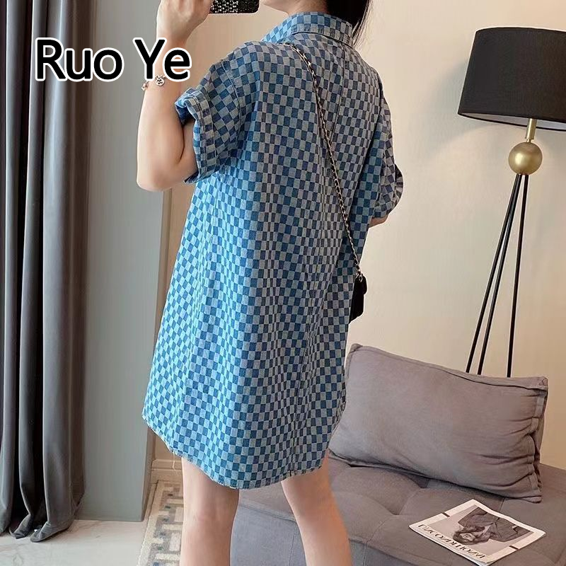 Ruo Ye Summer Casual Plaid Dress Polo Collar Loose Mid-Length Short Sleeve Dress