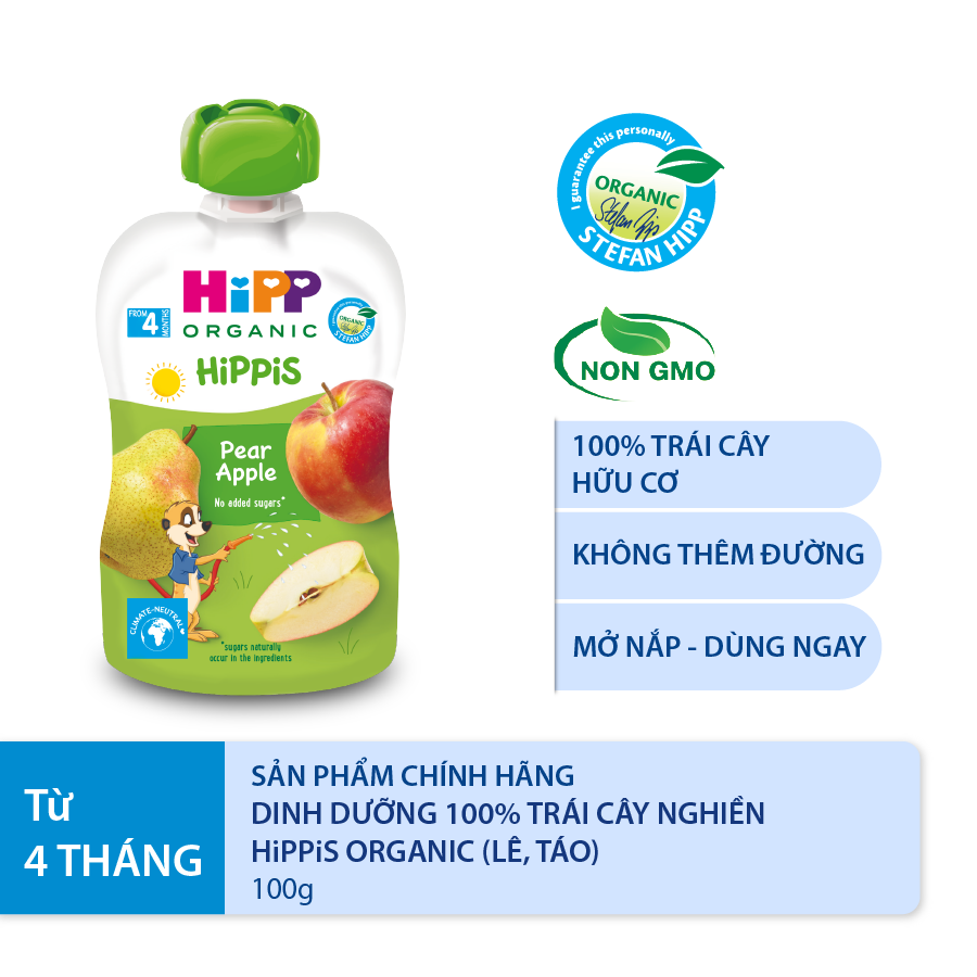 Thức ăn dặm Dinh dưỡng 100% trái cây nghiền hữu cơ HiPPiS Organic Lê, Táo
