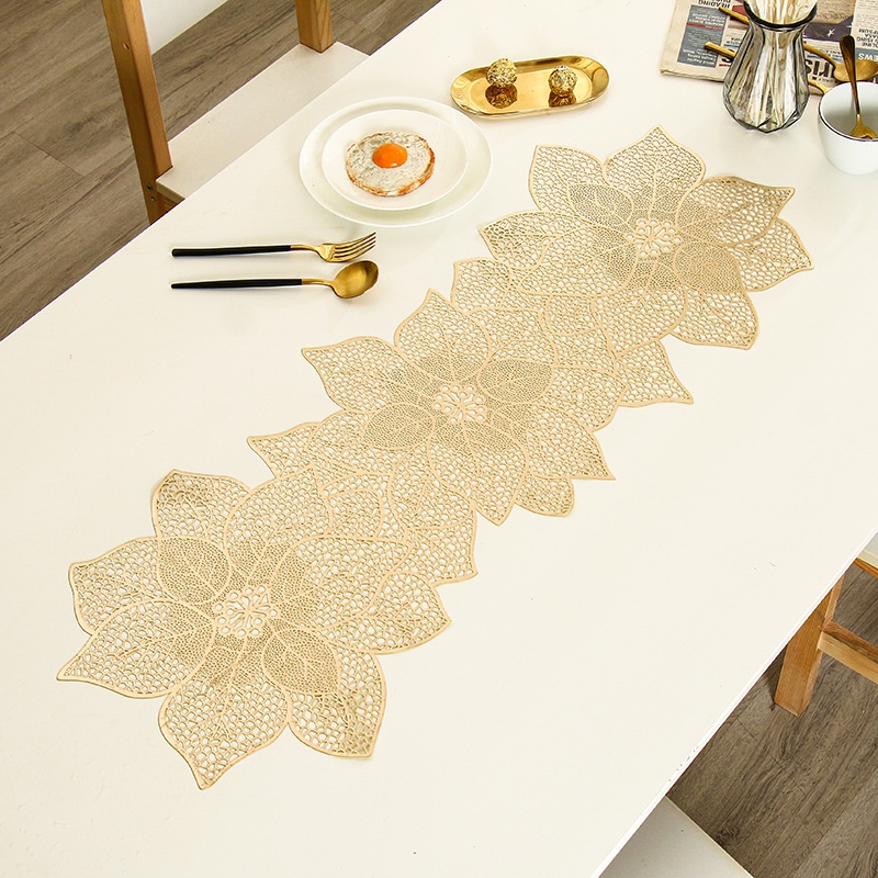 Evaahome table runner Nordic light luxury PVC solid color bronzing ins western table mat long creative irregular flower hollow place mat ราคา 35 บาท*ส่งฟรี