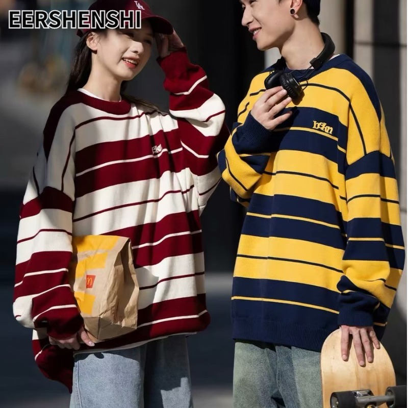 EERSHENSHI Áo len chui đầu dáng rộng cho nam kiểu Color Block áo len sọc Đôi Phong Cách lười biếng phong cách Nhật Bản