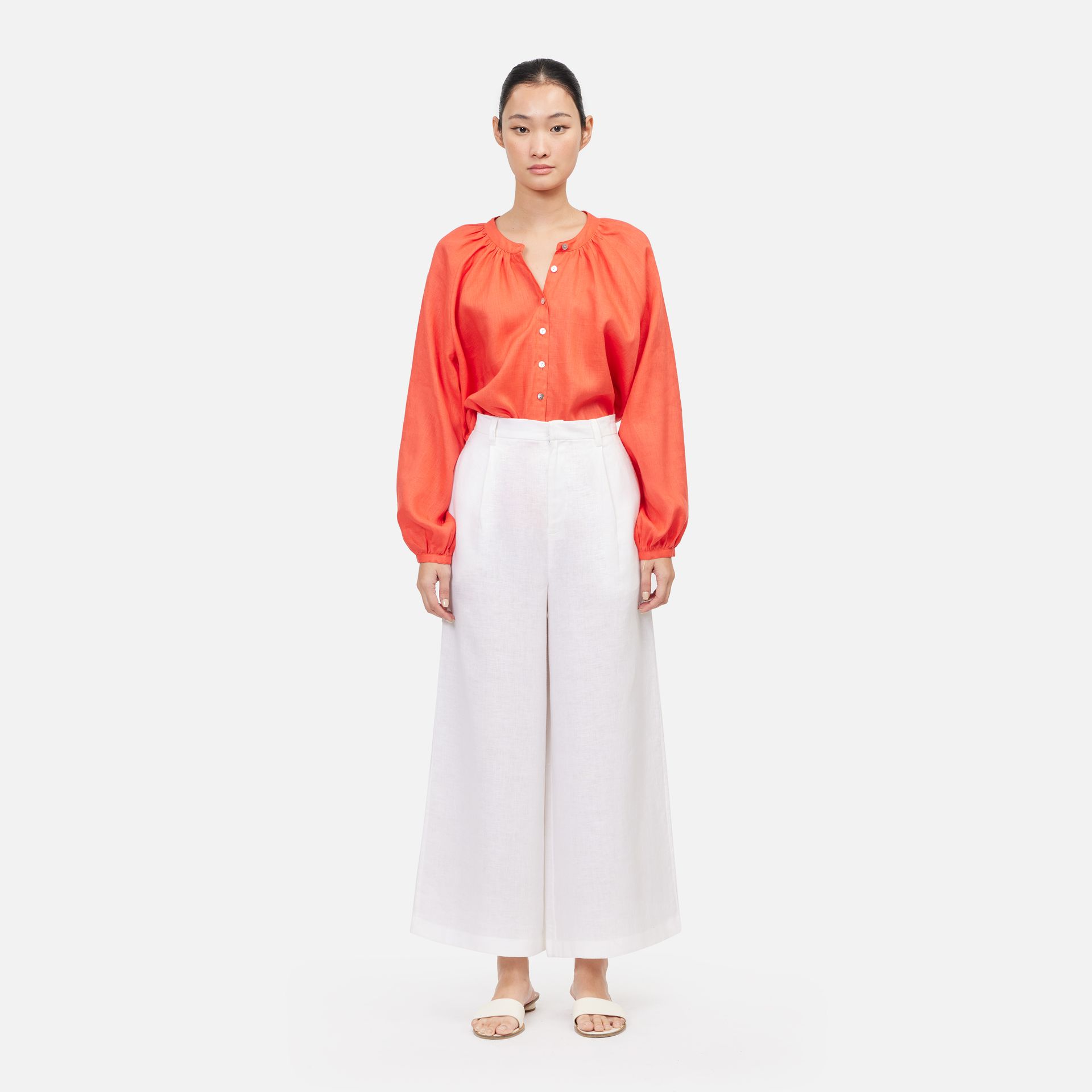 Solid Linen Long Sleeve Gathered Neck Shirt - Orange ราคา 2,100 บาท*ส่งฟรี