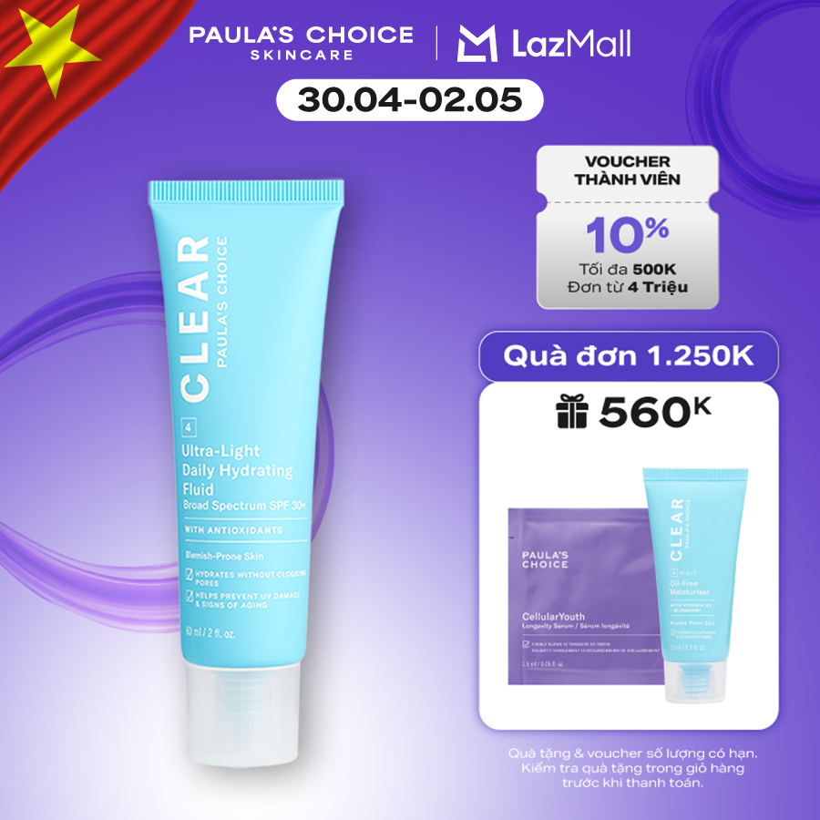 Kem chống nắng dạng sữa siêu nhẹ dành cho da mụn Paula’s Choice Clear Ultra Light Daily Fluid SPF 30 60 ml 6130