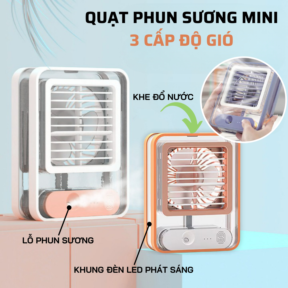 QUẠT PHUN SƯƠNG mini cầm tay điều hoà để bàn sạc tích điện 3 cấp độ gió, dung tích bình 300ml