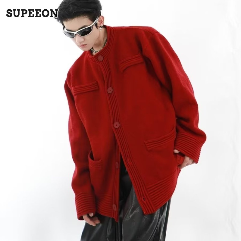 SUPEEON Men s round neck simple solid color knitted cardigan Loose