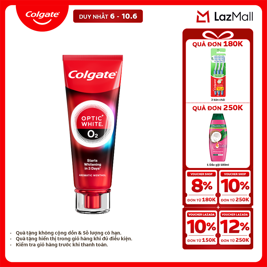 [Chỉ 6-10.6_X2 Voucher giảm 22%] Kem Đánh Răng Colgate trắng răng đột phá CHỈ TRONG 3 NGÀY Optic White O2 với Oxy Hoạt Tính 85g/ tuýp