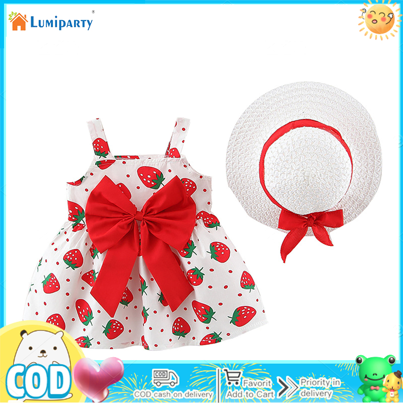 Girls Dress With Hat Summer Sleeveless Sweet Strawberry Printing Princess Dress With Bowknot For Party Travel Beach ราคา 180 บาท*ส่งฟรี