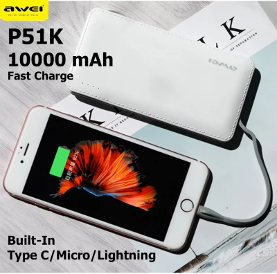 AWEI P51K 10000 mAh Power Bank Built-in charging cable Type-C Micro USB and Lightning Fast Charge