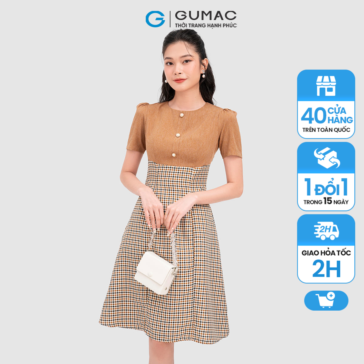 Đầm caro đính nút thời trang gumac dc11071
