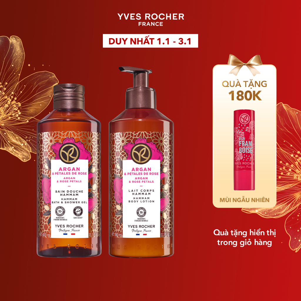  Combo Sữa Tắm Sữa Dưỡng Thể Làm Sạch và Dưỡng Ẩm Cơ Thể Yves Rocher Hương Hoa Hồng & Tinh Dầu Argan & Rose Petals 