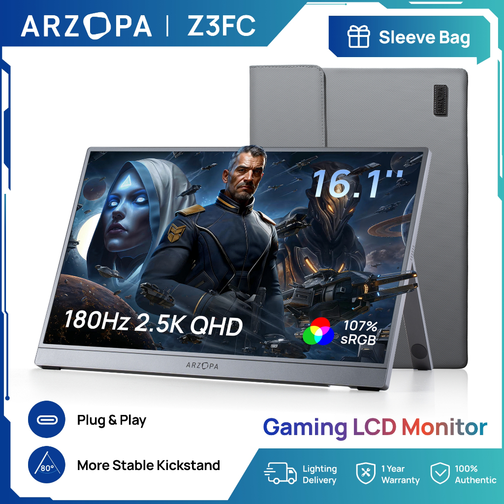 Màn hình di động ARZOPA 16.1 '' 180Hz-Z3FC Xám, Màn hình di động chân đế 2,5K 107% sRGB với HDR, Siê