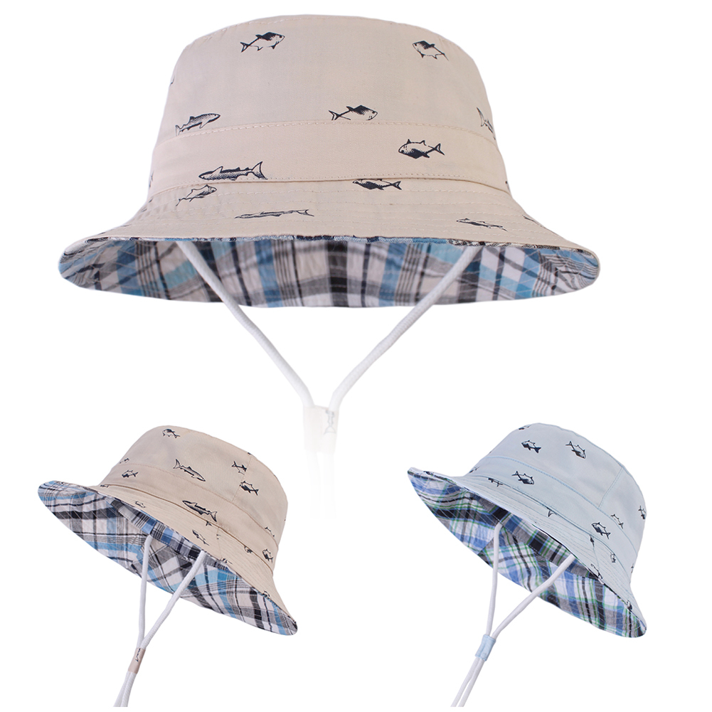 Cartoon Fish Print Kids Summer Sun Hat UV Protection Bucket Cap with Chin