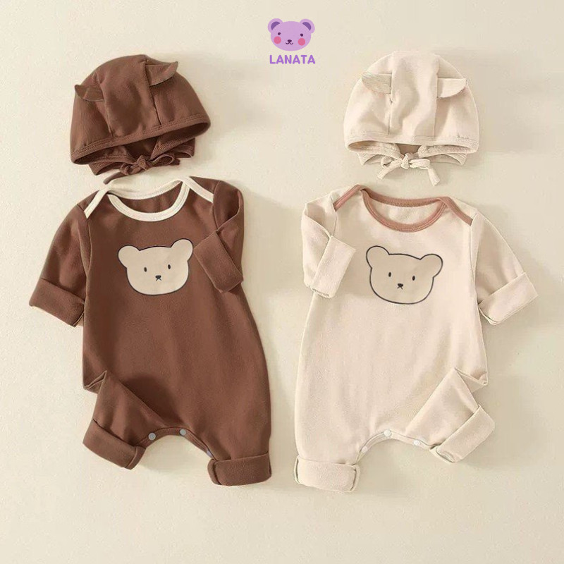 [Kèm mũ] Bodysuit dài tay cho bé Hình Gấu dễ thương, body dài tay cho bé gái bé trai chất thun mẫu quần áo sơ sinh 0-12M