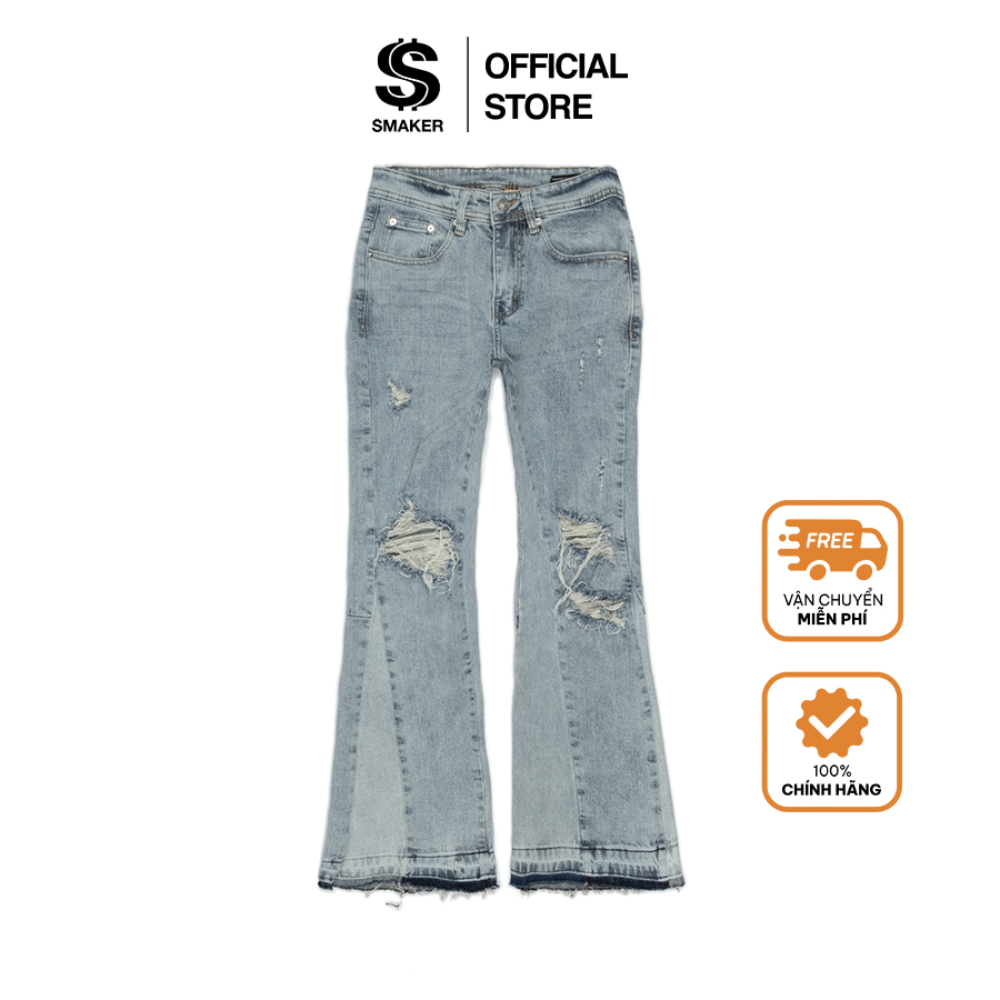 Quần jeans dài ống loe màu xanh - distressed flare denim in blue