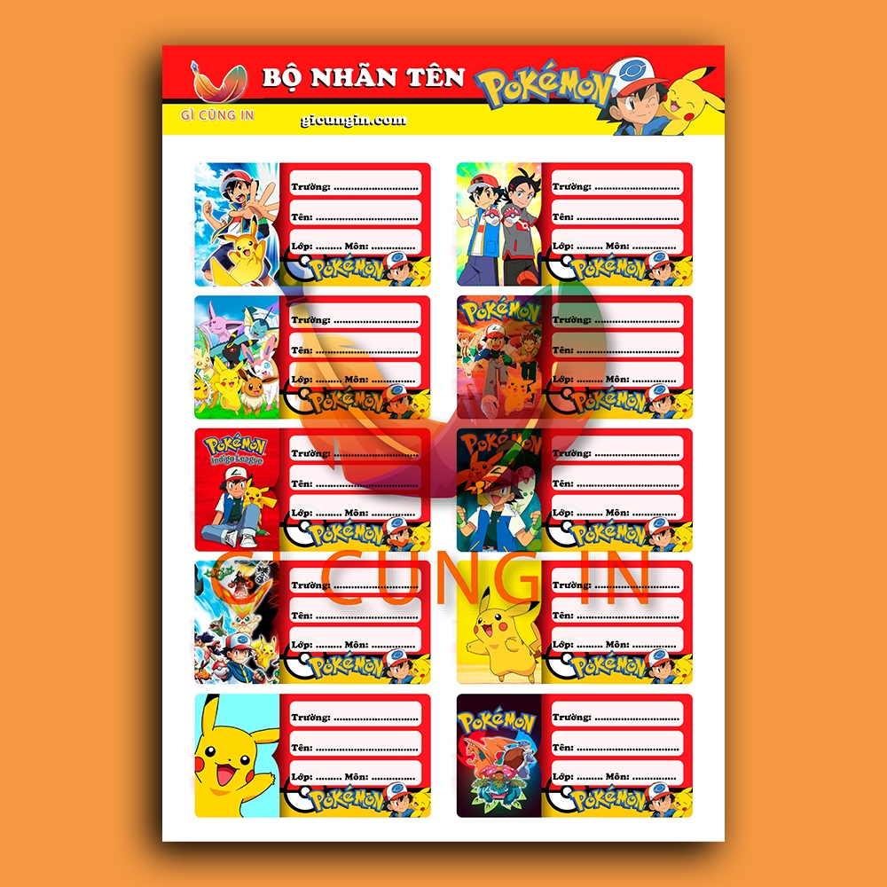 10 Nhãn Dán Vở HÌNH POKEMON - Gì Cũng In | Nhãn Dán Sách - Nhãn Dán Tập - Nhãn Tên | MS: 111403