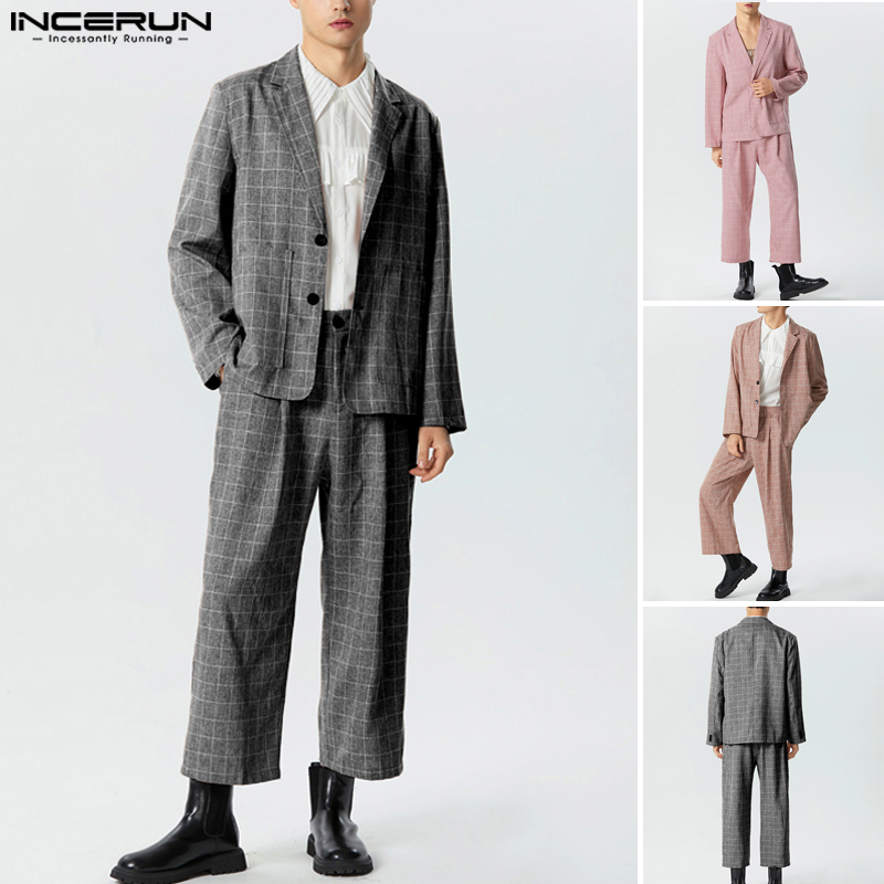 ChArmkpR Store nam hiệu incerun cổ điển quần xuông Bộ âu phục ve áo cúc kẻ ca-rô lên tay áo dài Blazer (phong cách phương Tây)