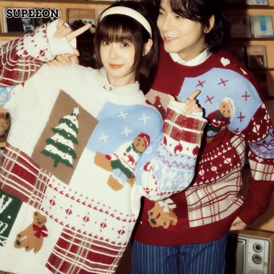 SUPEEON丨 Phong cách Hàn Quốc Áo len giáng sinh mùa đông ấm áp áo dệt kim dáng rộng phong cách Hong Kong quần áo nam Đồ MẶC ĐÔI hợp thời trang