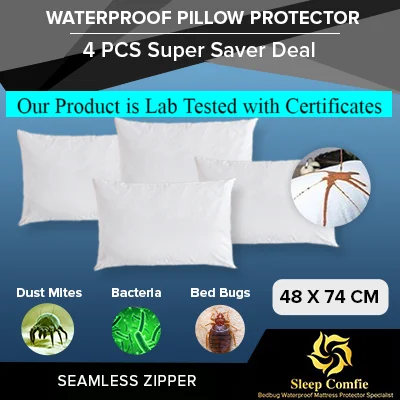 4pcs Pillow Waterproof Encasement / Protector or Pillow Protector Protect Against Fluid Spills, Dust Mites and Bed Bug - 4 Pieces Super Saver Deal (seamless zipper type) LAB TESTED WITH NEW CERTIFICATION