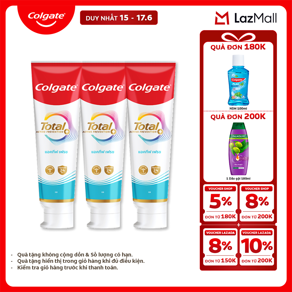[MỚI] Bộ 3 Kem đánh răng Colgate Total sạch sâu bảo vệ, ngăn ngừa 8 vấn đề răng miệng 150g/ tuýp