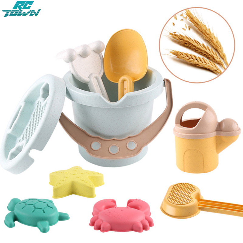 9pcs Summer Beach Toys Set For Kids Wheat Straw Thickened Bucket Sand