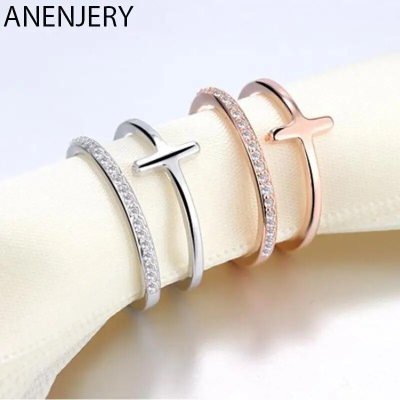 Anenjery màu bạc đôi thanh lịch lớp Zircon chéo mở cho phụ nữ cá tính đính hôn trang sức ngón tay S-R317
