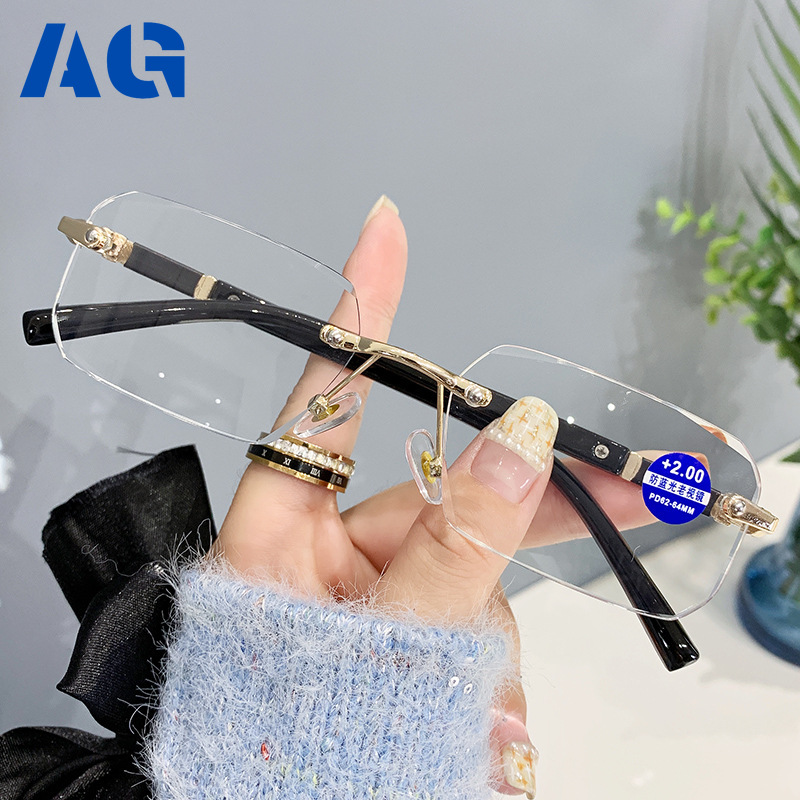 A-G New Frameless Blue Light Blocking Reading Glasses for Men and Women Fashionable High Definition Anti Radiation Reading Eye Glasses with Graded Lens Japan Metal Square G579