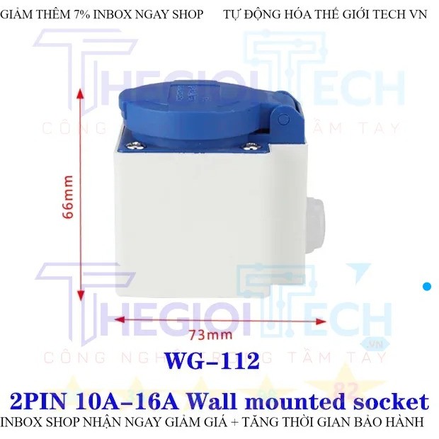 Phích cắm + ổ cắm 2P 16A kết nối kiểu công nghiệp hai lỗ 2 chấu + PE chống nước và chống bụi treo tường ổ cắm 220V 1 PHA TGT - WG-112