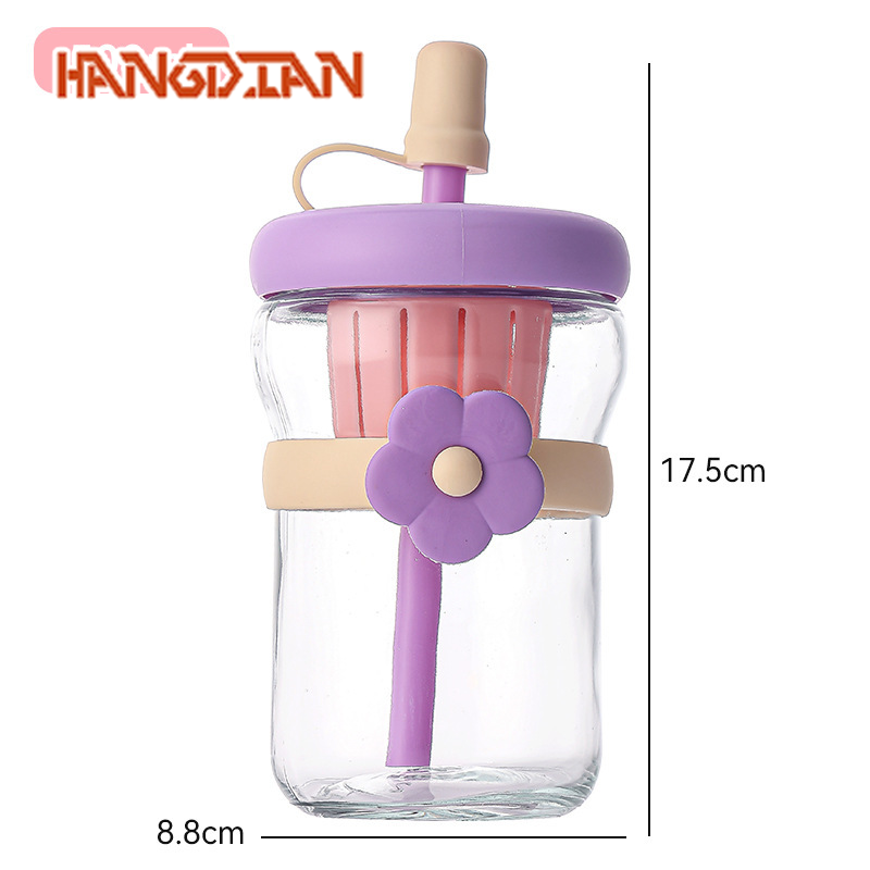 HANGDIAN Stylish Flower Design Glass Straw Bottle with Tea Infuser for Juice and Herbal Tea ราคา 76 บาท*ส่งฟรี