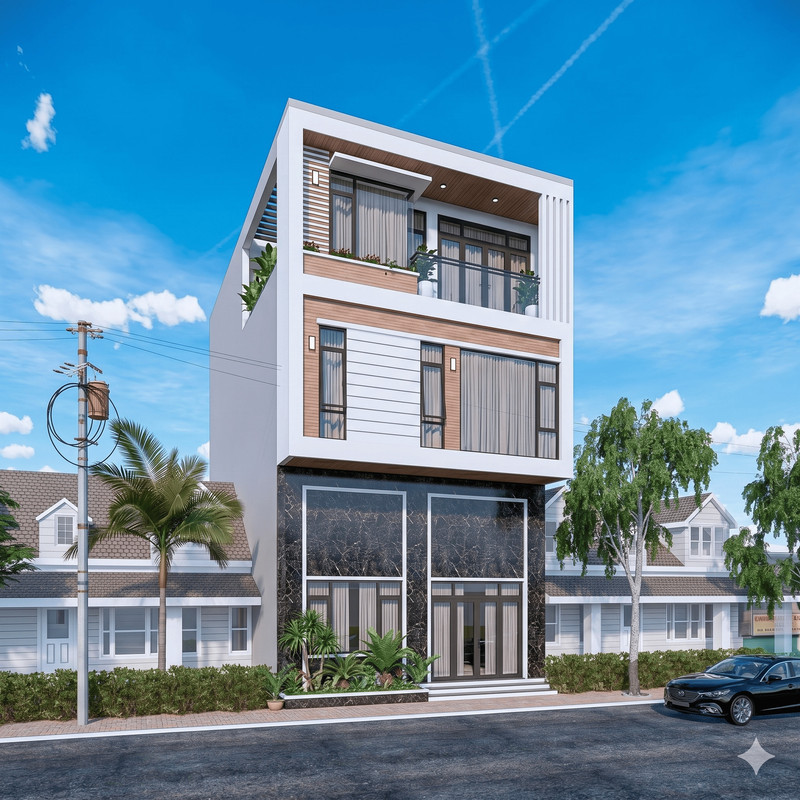 8x16m Bản Vẽ Thiết Kế nhà 3 tầng thông tầng Hiện Đại . In Giấy A3, ảnh 3D màu, gồm Kiến Trúc, Kết Cấu, Điện, Nước