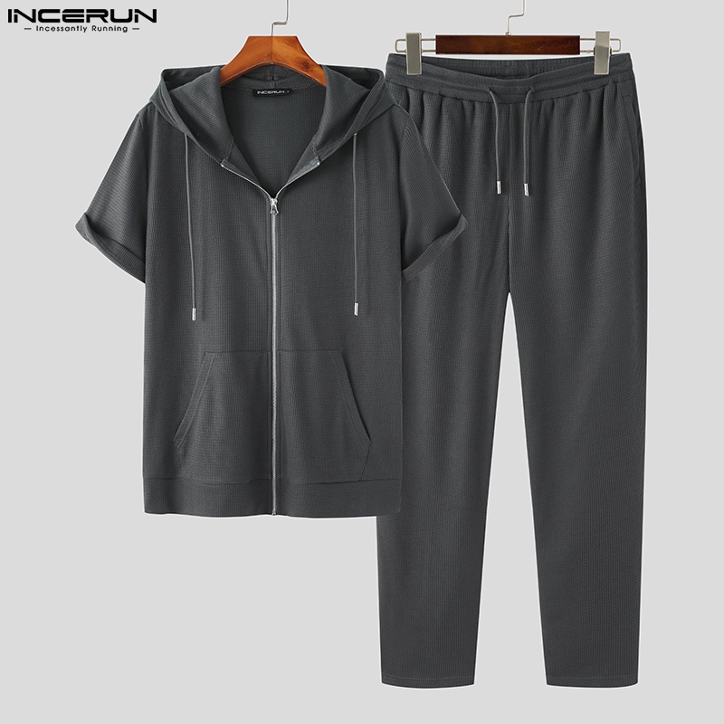 Set đồ INCERUN gồm áo hoodie tay ngắn có khóa kéo + quần dài co giãn phong
