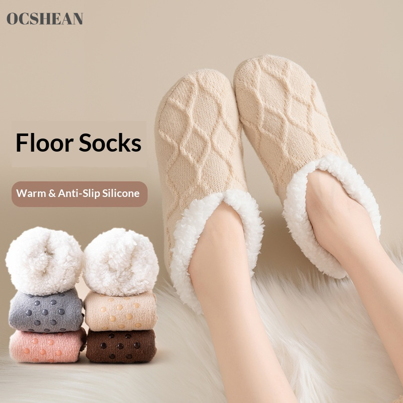 OCSHEAN Cozy Winter Floor Socks for Women with Thick Fleece Lining and Non-Slip Sole, Warm Knitted Slipper Socks for Home Use ราคา 72 บาท*ส่งฟรี